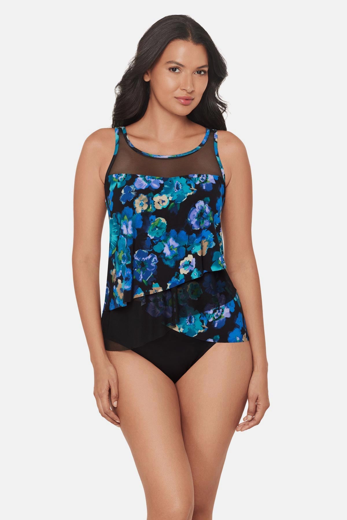 Miraclesuit Black/Multi Mirage Tankini Top in Secret Garden