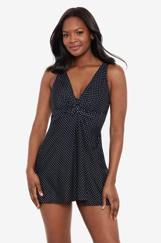 Miraclesuit Black/White Pin Point Marais Swim Dress Bathing Suit