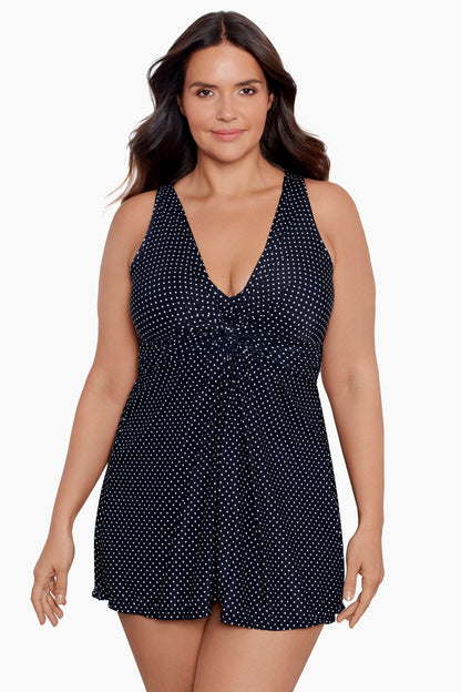 Miraclesuit Black/White Plus Size Pin Point Marais One Piece Swim Dress