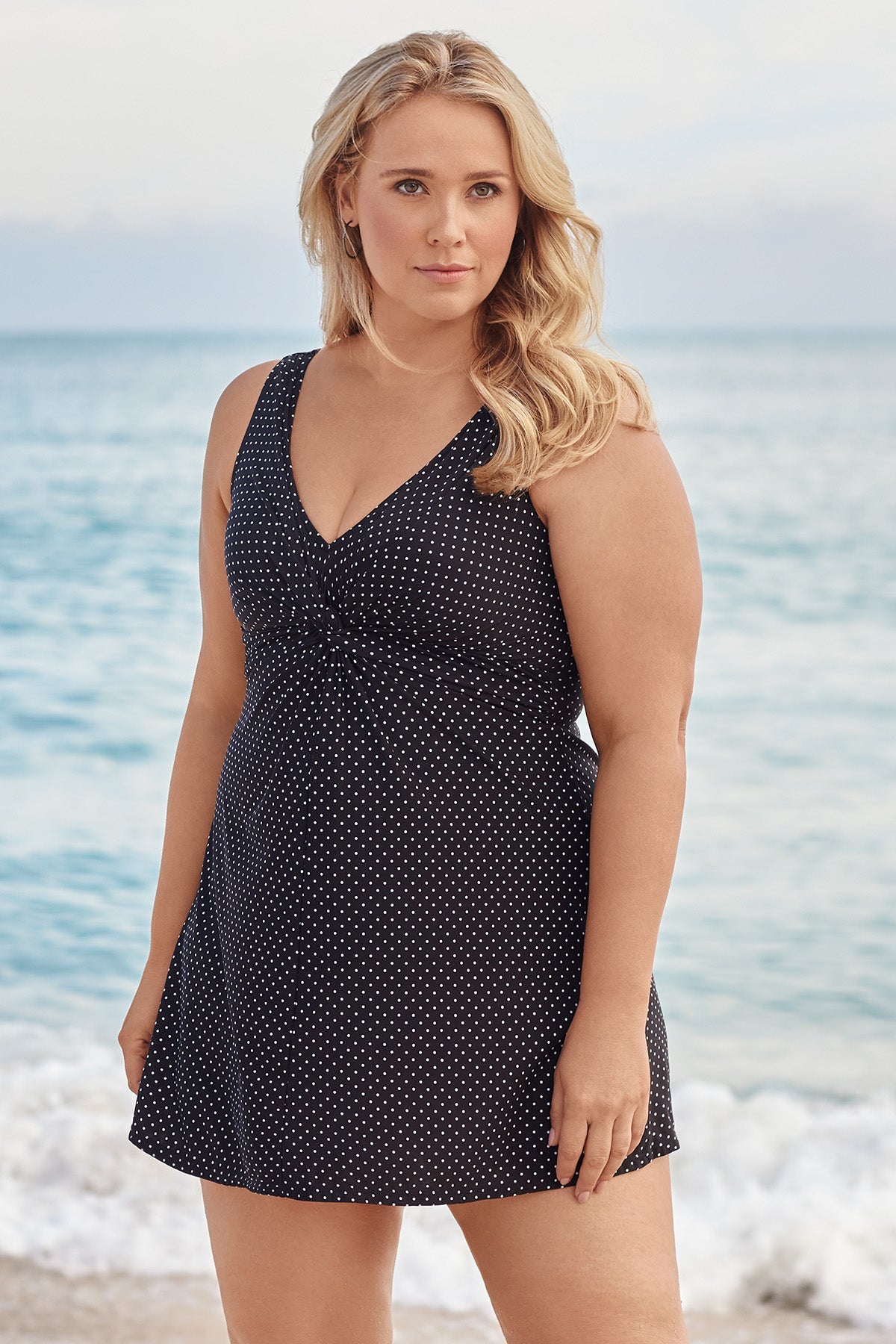 Miraclesuit Black/White Plus Size Pin Point Marais One Piece Swim Dress