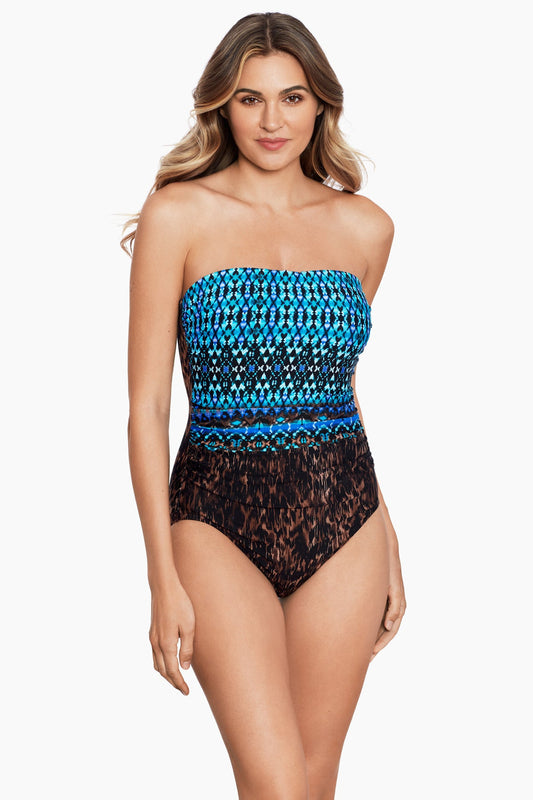 Miraclesuit Brown/Multi Long Torso Untamed Avanti Bandeau One Piece Swimsuit
