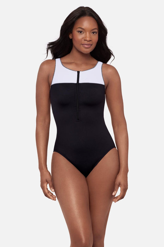 Miraclesuit Black/White Zinger One Piece in Liquid Sculpt