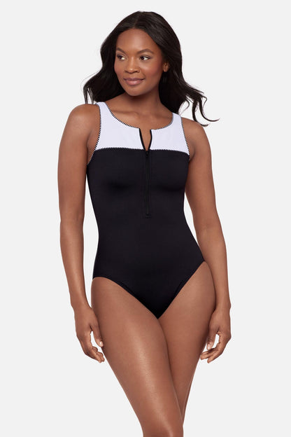 Miraclesuit Black/White Zinger One Piece in Liquid Sculpt