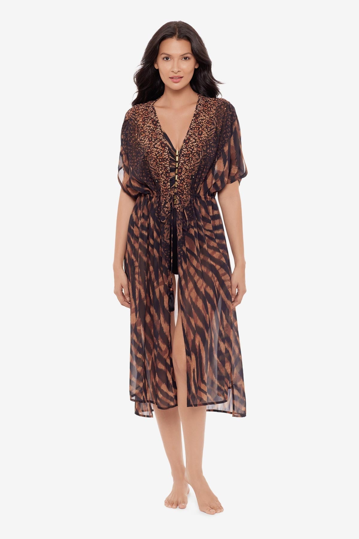 Miraclesuit Black/Brown Beaded Kimono Cover Up in Raya De Safari