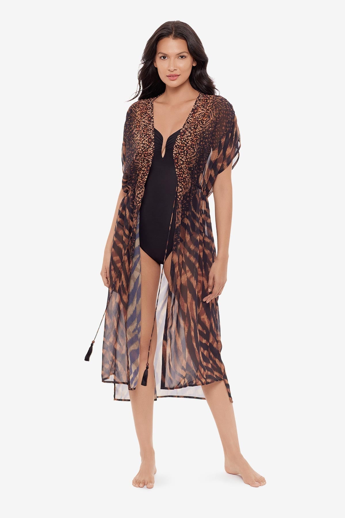 Miraclesuit Black/Brown Beaded Kimono Cover Up in Raya De Safari