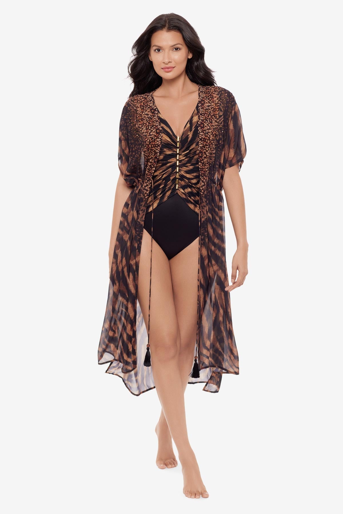 Miraclesuit Black/Brown Beaded Kimono Cover Up in Raya De Safari