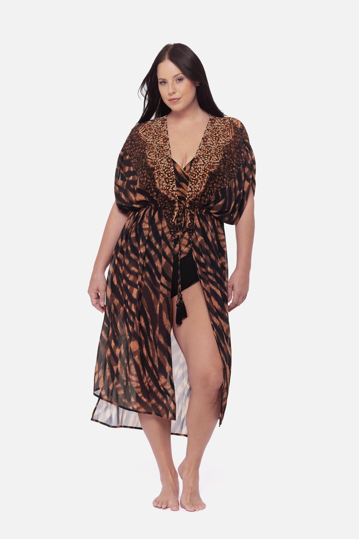 Miraclesuit Black/Brown Plus Size Beaded Kimono Cover Up in Raya De Safari
