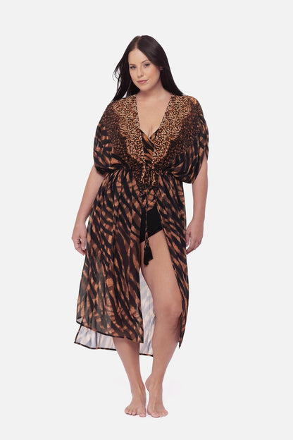 Miraclesuit Black/Brown Plus Size Beaded Kimono Cover Up in Raya De Safari