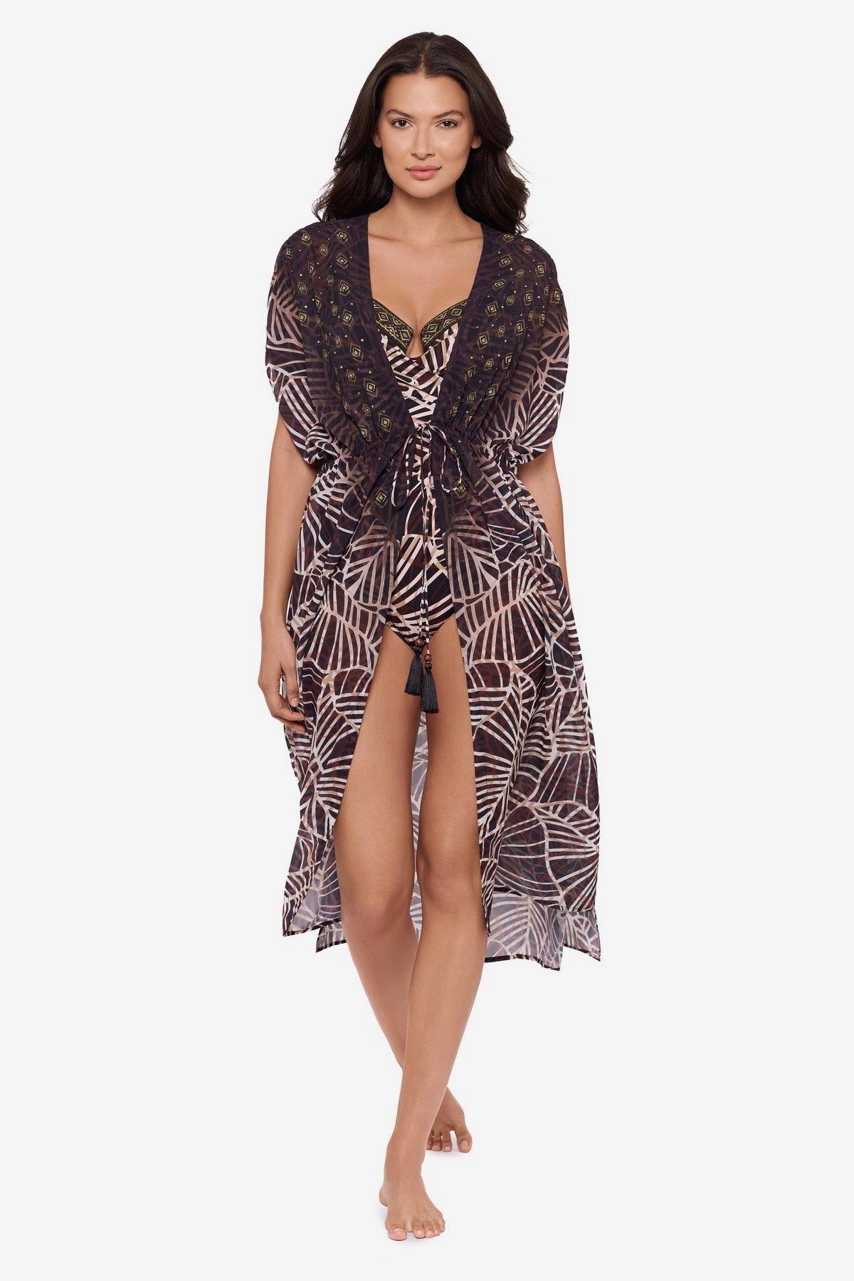Miraclesuit Black/Multi Beaded Kimono Cover Up in Let's Be Fronds