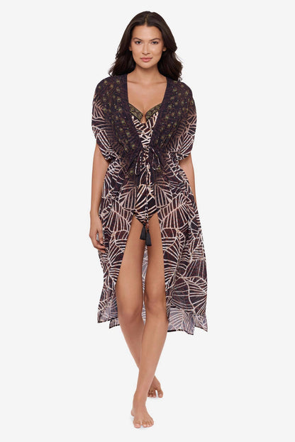 Miraclesuit Black/Multi Beaded Kimono Cover Up in Let's Be Fronds