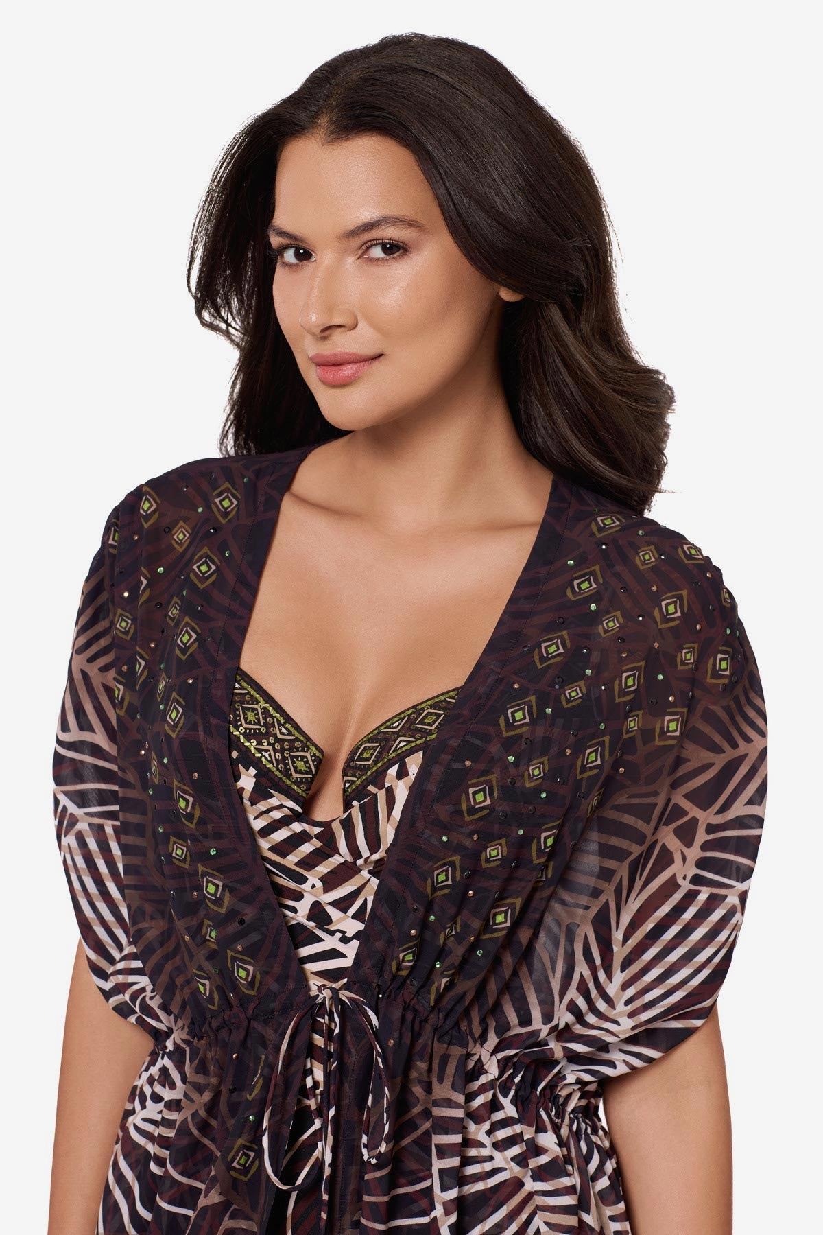 Miraclesuit Black/Multi Beaded Kimono Cover Up in Let's Be Fronds