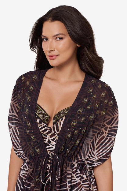 Miraclesuit Black/Multi Beaded Kimono Cover Up in Let's Be Fronds