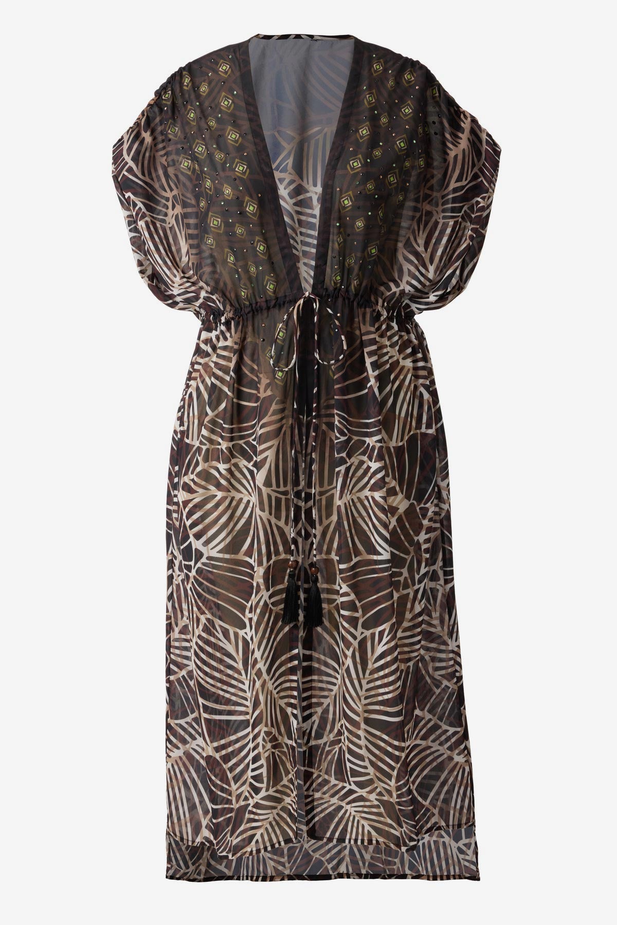 Miraclesuit Black/Multi Beaded Kimono Cover Up in Let's Be Fronds