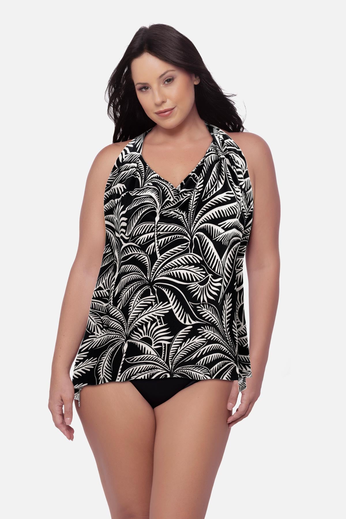 Miraclesuit Black/Multi Magicsuit Plus Size Sophie Tankini Top in Hearts Of Palm