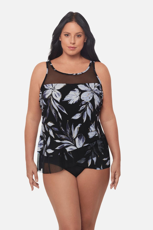 Miraclesuit Black/White Plus Size Mirage Tankini Top in Fiore Di Luna