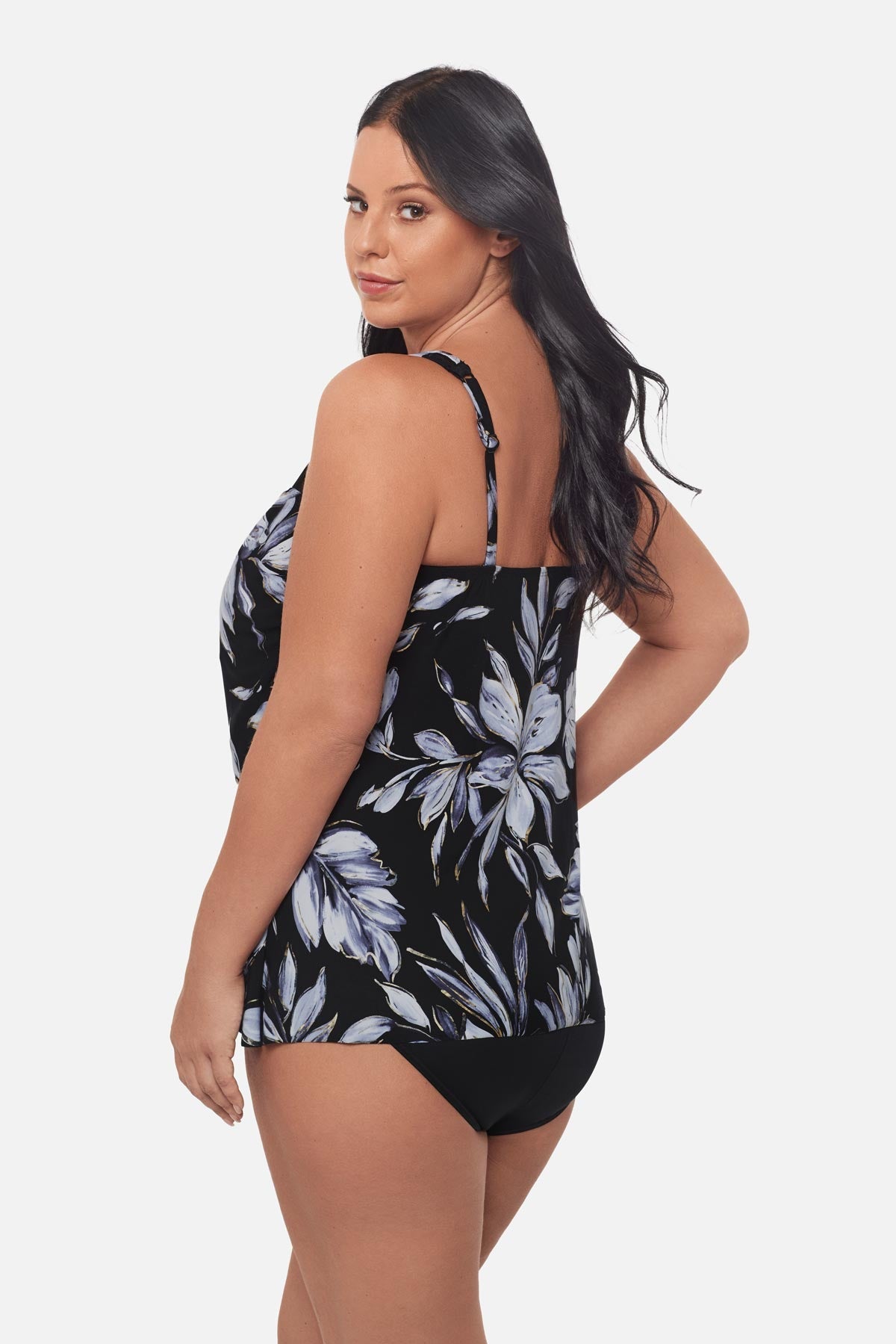 Miraclesuit Black/White Plus Size Mirage Tankini Top in Fiore Di Luna