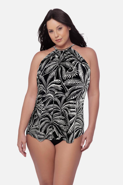 Miraclesuit Black/Multi Magicsuit Plus Size Parker Swim Dress in Hearts Of Palm