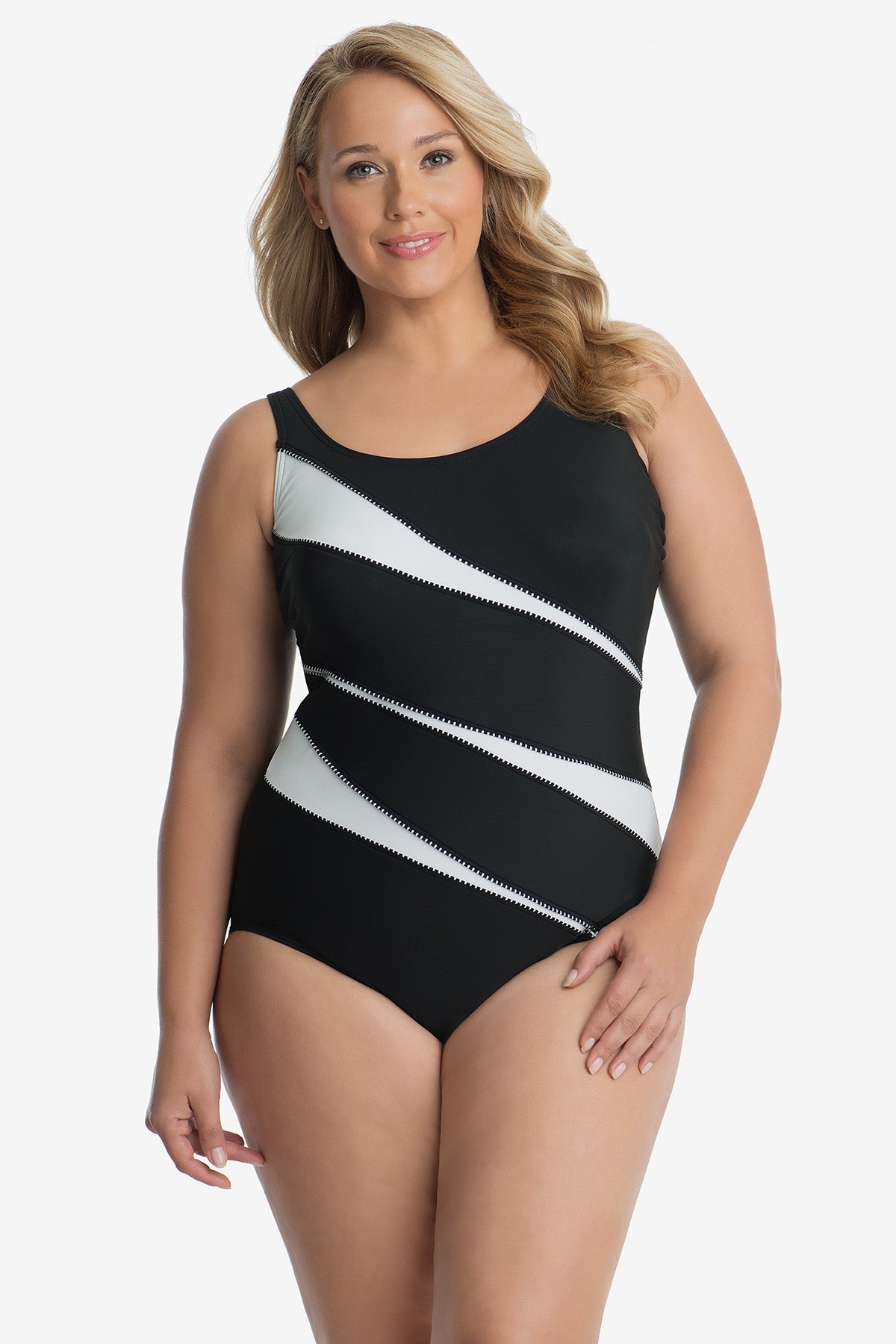 Miraclesuit Black/White Tummy Control Plus Size Swimwear - Colorblock Helix One Piece