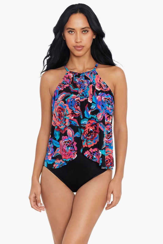 Miraclesuit Black/Multi Tummy Slimming Bathing Suits - Magicsuit Sonic Blooms Aubrey One Piece