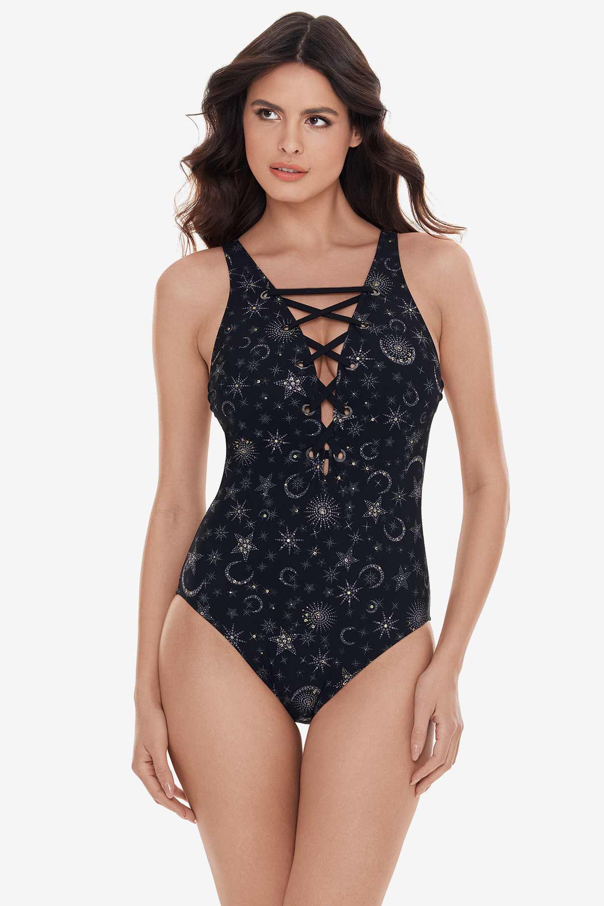 Miraclesuit Black/Gold Magicsuit Lucky Stars Steffi Tummy Control Swimsuit