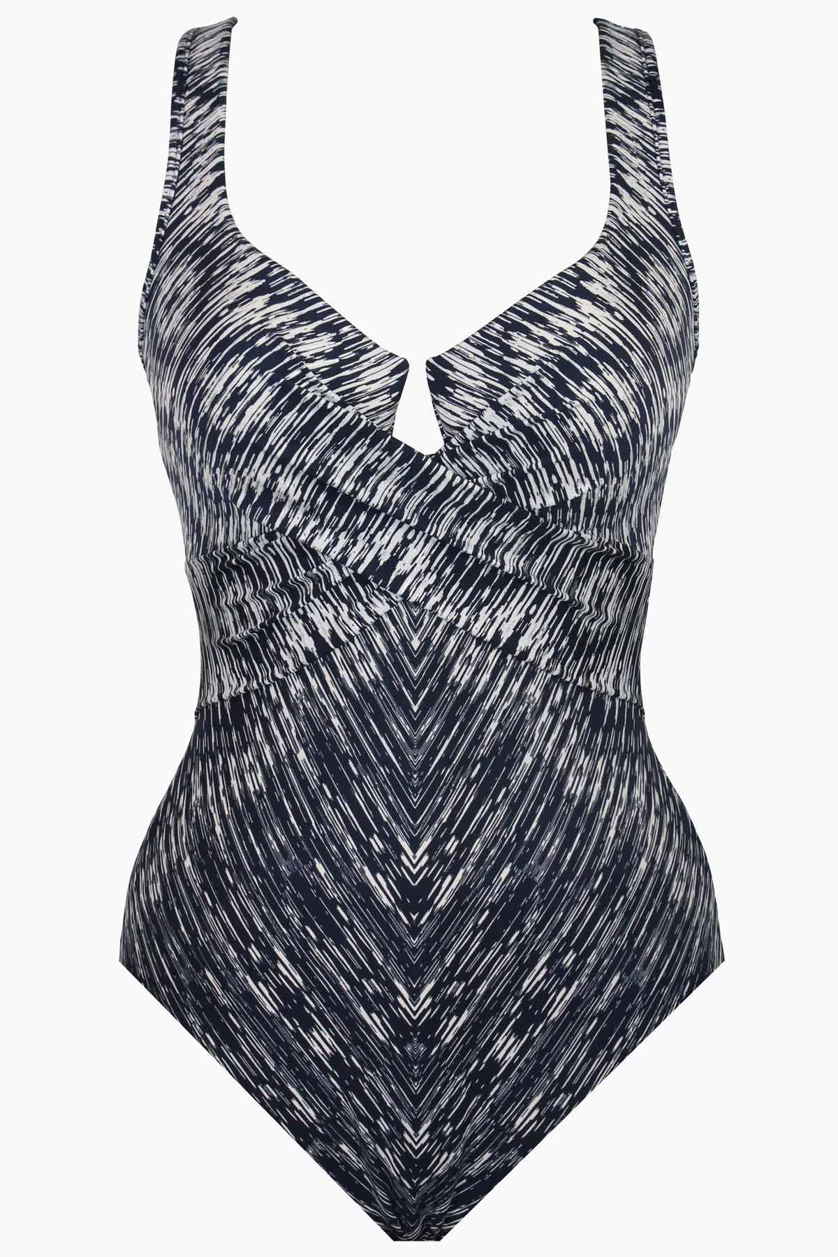 Miraclesuit Midnight Blue/White Silver Shores Criss Cross Escape One Piece Swimsuit