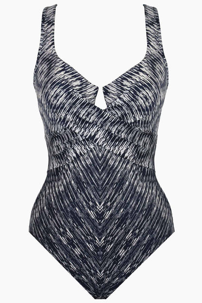 Miraclesuit Midnight Blue/White Silver Shores Criss Cross Escape One Piece Swimsuit