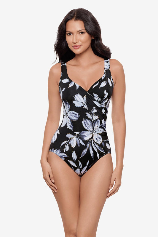 Miraclesuit Black/White It's A Wrap One Piece in Fiore Di Luna