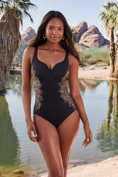 Miraclesuit Black/Multi Petal Pusher Temptress One Piece Swimsuit