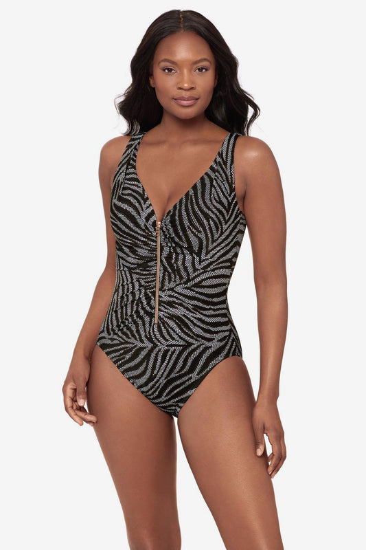 Miraclesuit Black/White Zipt One Piece Swimsuit in Zirconic